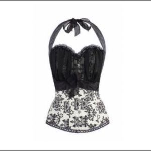 New Black And Cream Damask Print Halterneck Corset